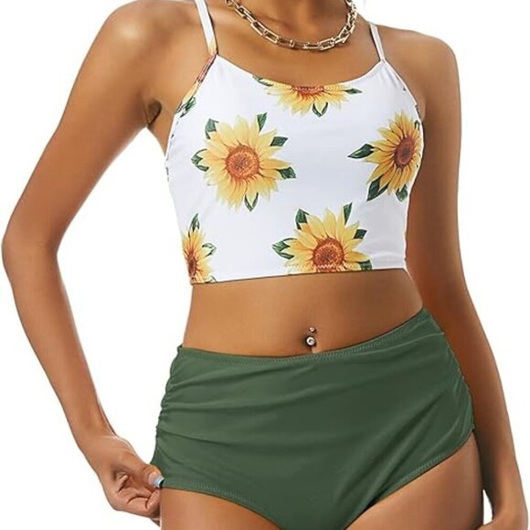 ZAFUL SUNFLOWER LACE UP BACK TANK & HIGH WAIST RUCHED BIKINI SET SIZE SMALL NWT - Picture 1 of 8